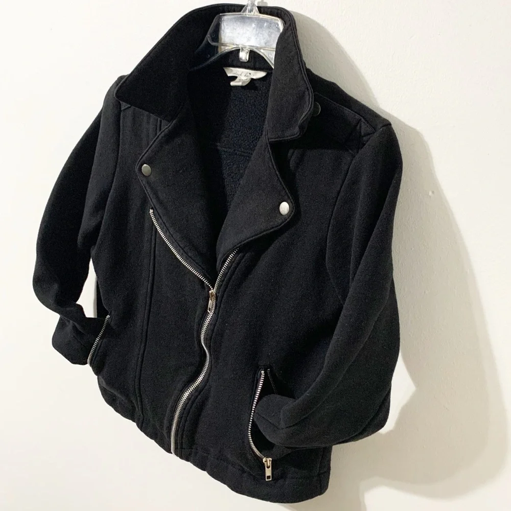 Derek Heart Asymmetrical Zipped Cropped Jersey Knit Moto Style Jacket Black⚫️ ⚪️